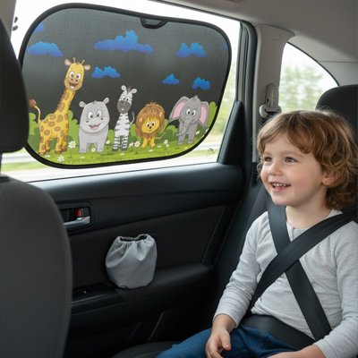 enfant souriant en sécurité avec pare soleil voiture sur vitre