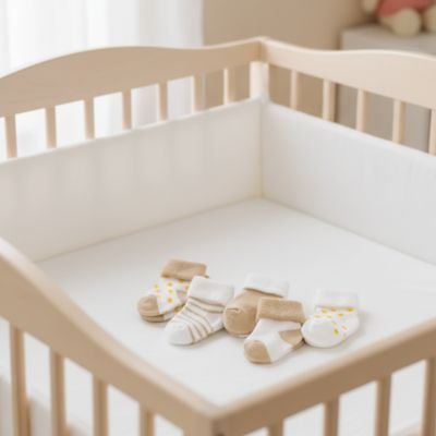 Ensemble cinq paires chaussette bebe kaki dans berceau