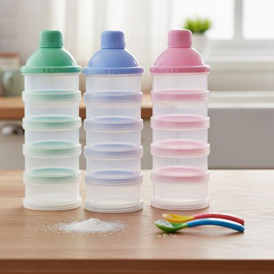 Ensemble de trois boite doseuse lait sur table en cuisine