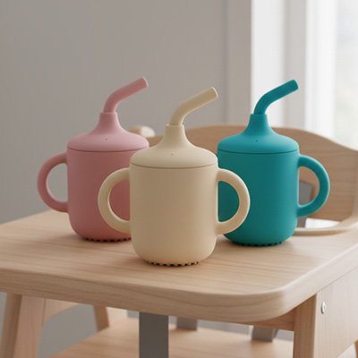 Ensemble gobelet bébé rose jaune et vert exposés