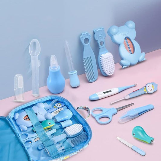 ensemble trousse de toilette bleu multifonctionnel dans salle bain