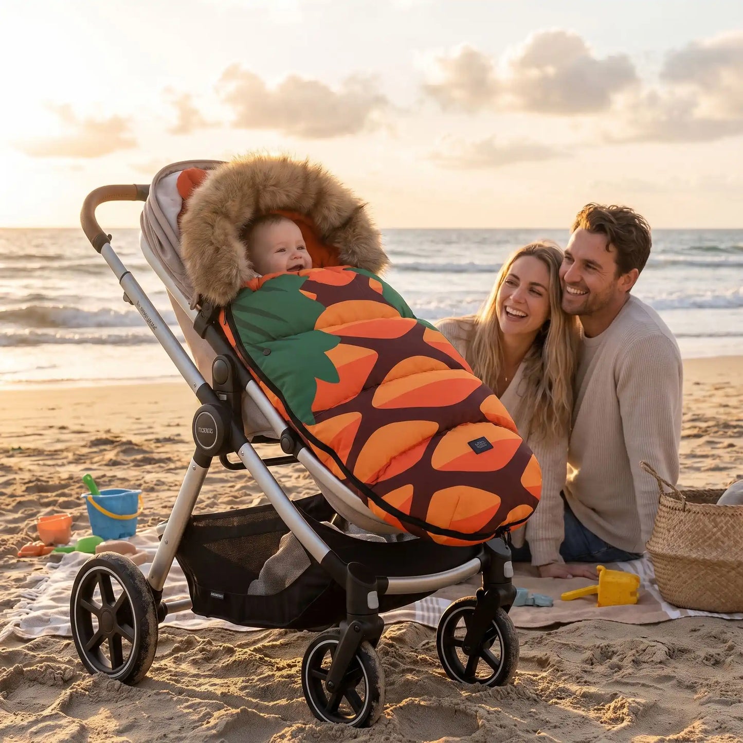 Famille à plage avec bébé dans chancelière poussette motif ananas