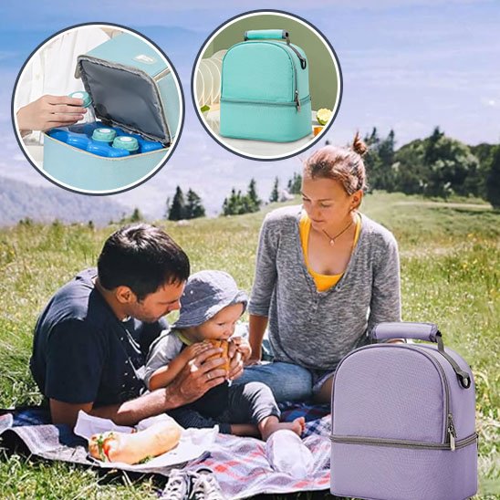 Famille au parc avec porte biberon gris pratique