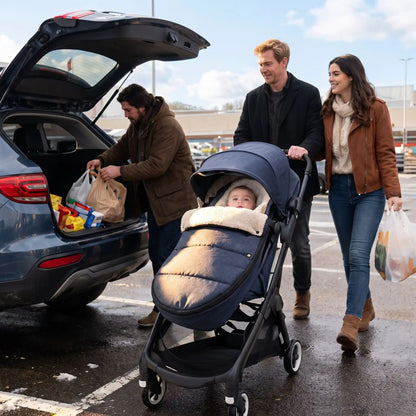 Famille au parking avec bébé dans chancelière poussette rêve hiver