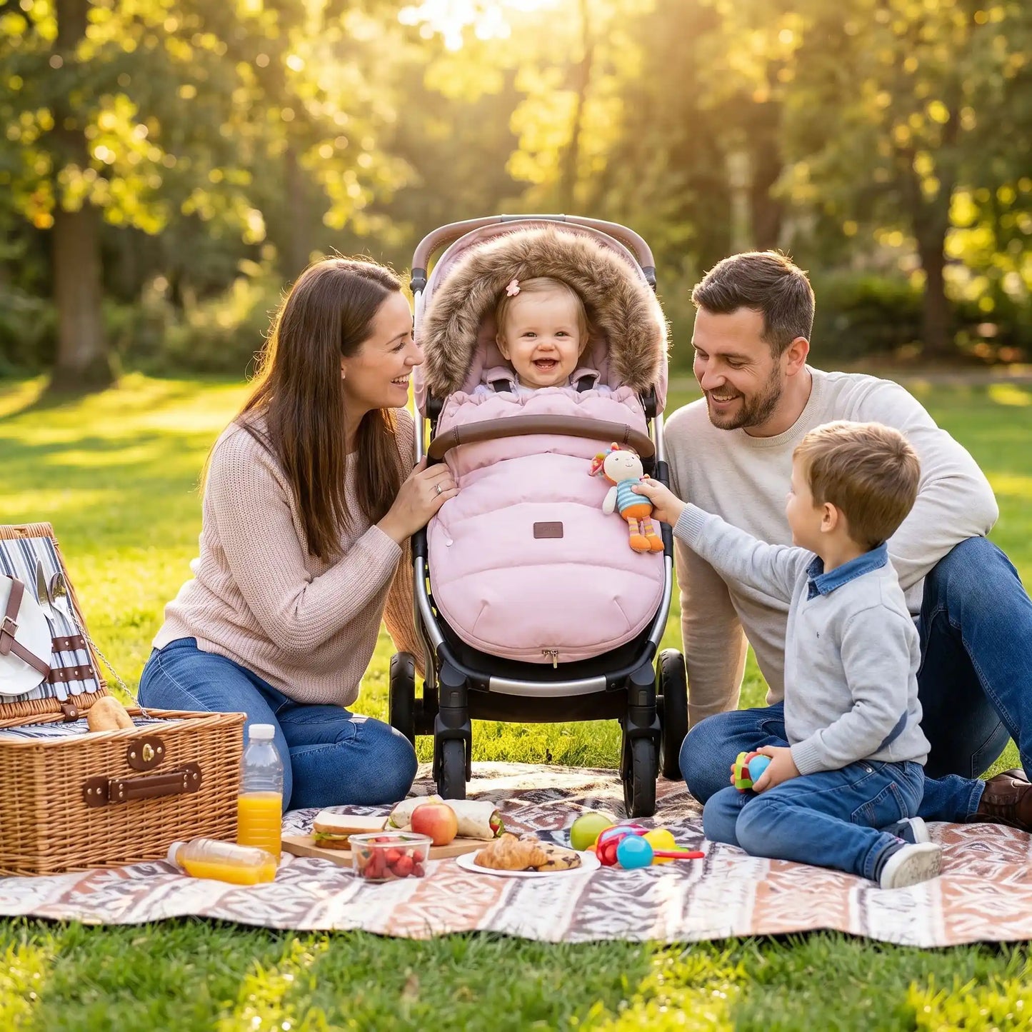 Famille en pique nique avec bébé dans chancelière poussette rose