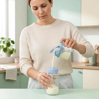 Femme verse lait de boite doseuse lait bleu