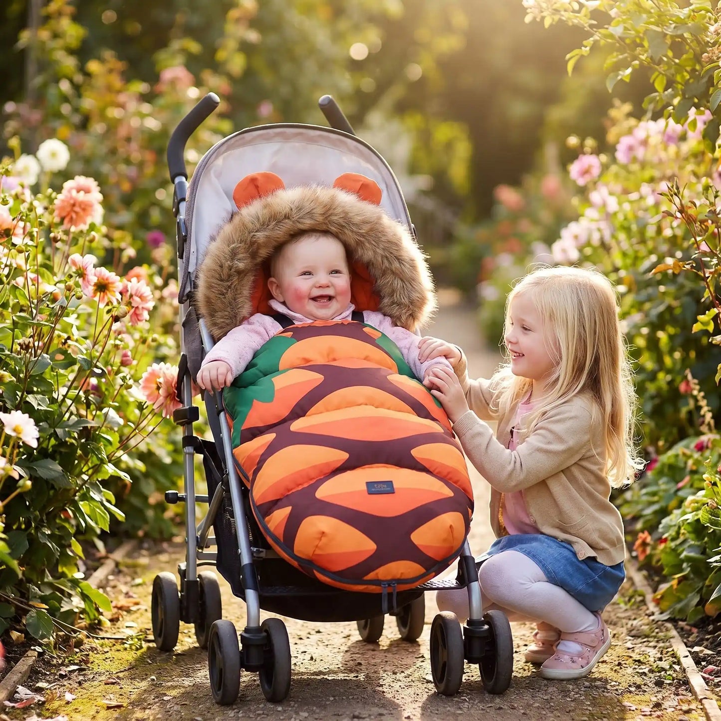Fillette joue avec bébé dans chancelière poussette motif ananas
