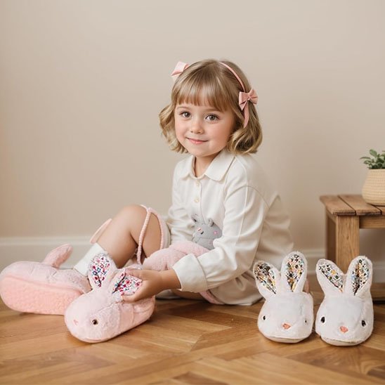 Fillette porte chausson bébé lapin rose près deuxième chausson blanc