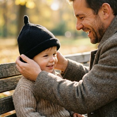 fou rire avec papa et bébé portant bonnet bebe noir