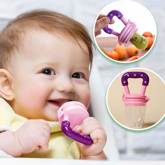 grignoteuse bébé avec fruit et bébé marche autre dans bouche