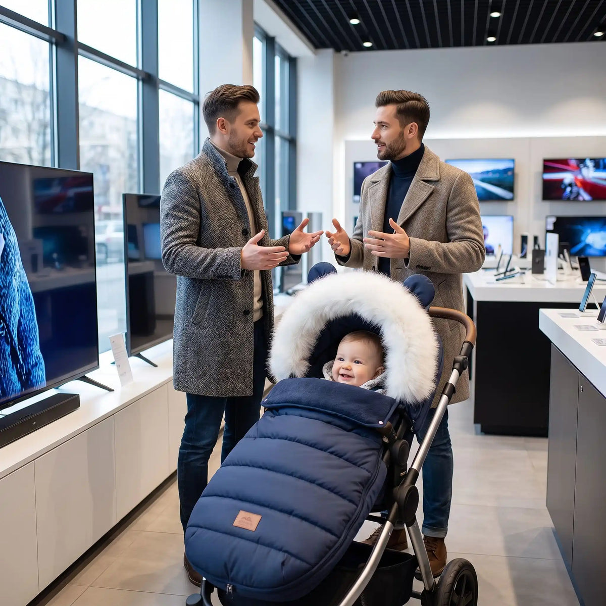 Hommes discutent dans magasin près bébé dans chancelière poussette