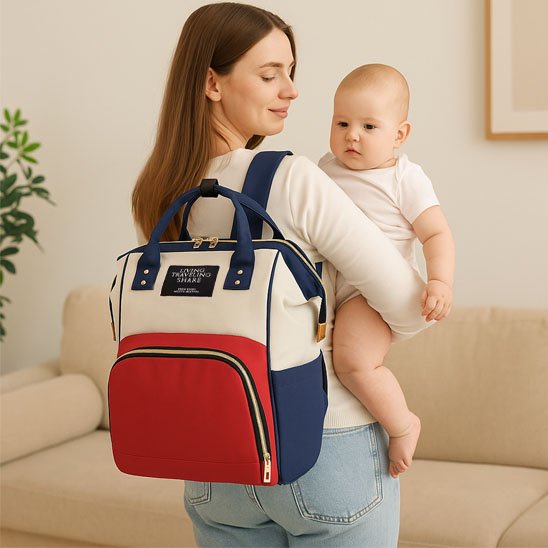 jeune maman avec bébé porte sac à langer multi couleur