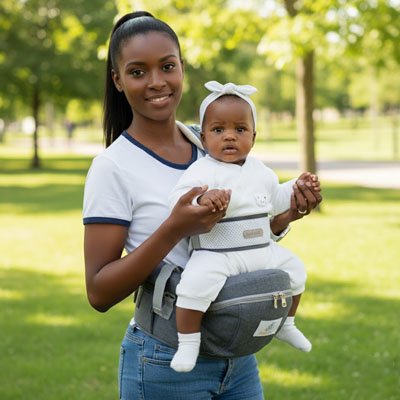 jeune maman porte bébé au parc dans porte bébé gris
