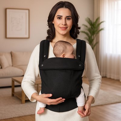 jeune maman tient bébé contre elle dans porte bébé noir