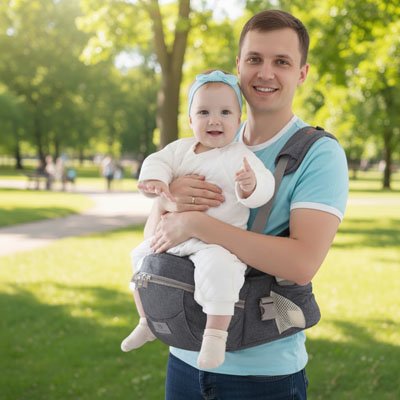 jeune papa porte bébé au parc dans porte bébé noir