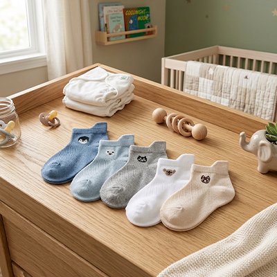 Lot cinq chaussettes bébé tête chat sur commode