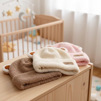 lot de bonnet bebe marron beige rose sur la commode