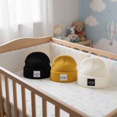 Lot de trois bonnet bebe noir jaune blanc dans berceau
