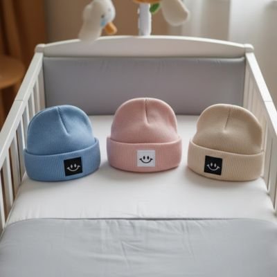 Lot de trois bonnets bebe bleu rose et beige