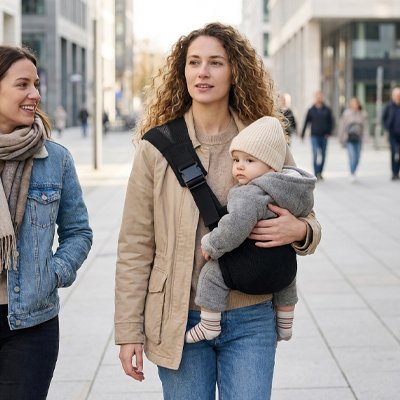 maman porte bébé côté droit dans porte bébé noir avec son amie