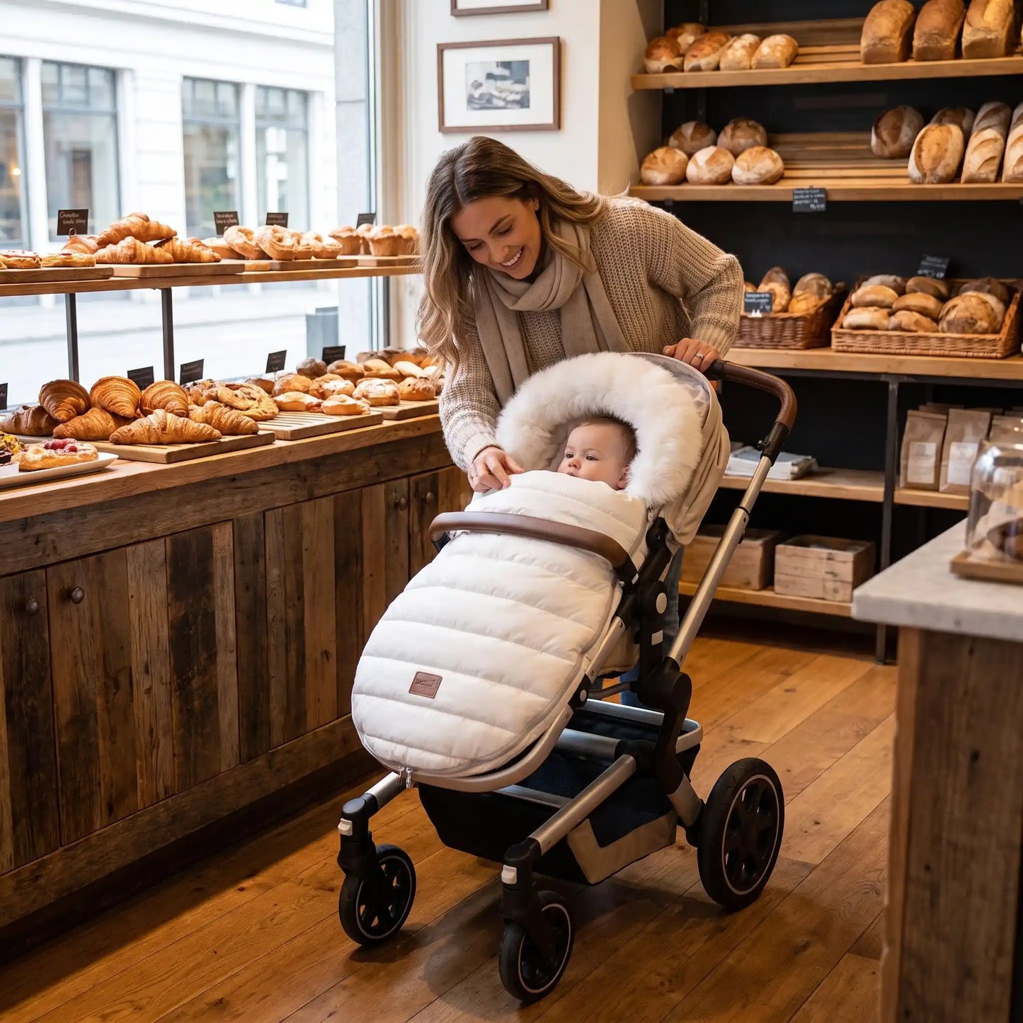 Maman à boulangerie avec bébé dans-chancelière poussette beige fourrure