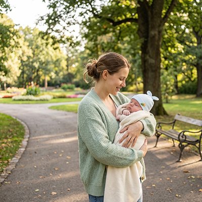 Maman admire bébé portant bonnet bebe bleu