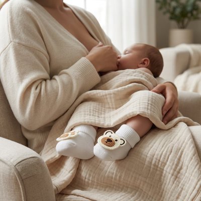 Maman allaite tient bébé portant chaussettes blanc ours