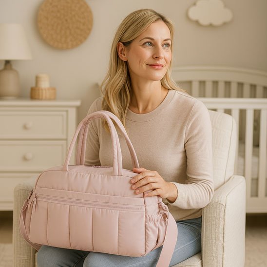 Maman assise avec sac à langer rose sur ses genoux