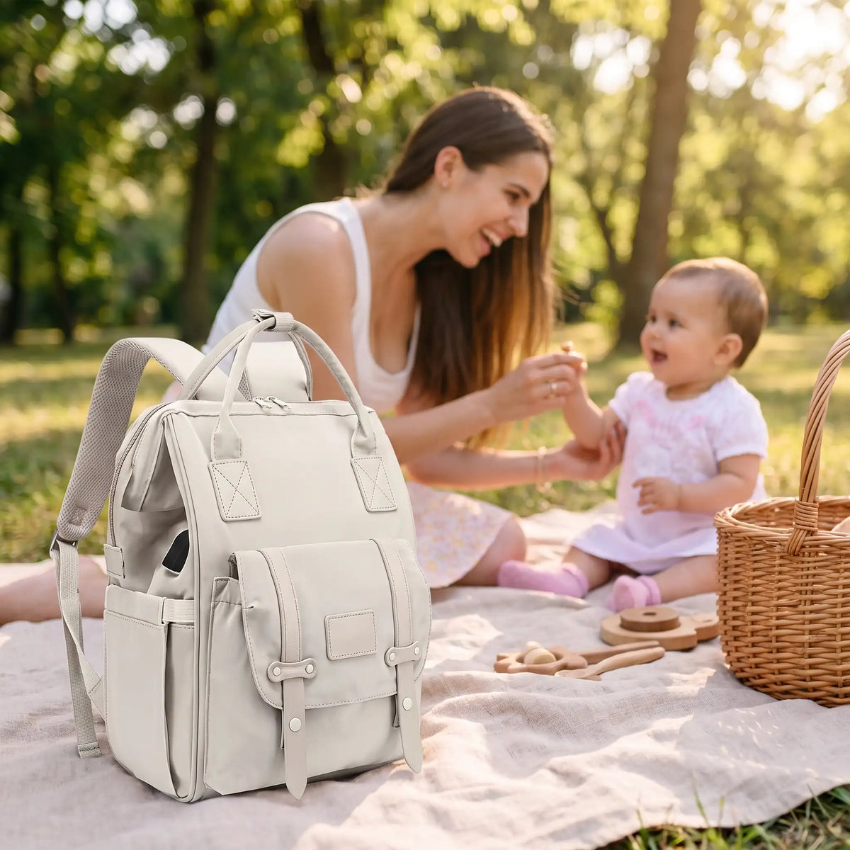 Maman assise dans gazon joue avec bébé sac a langer à côté