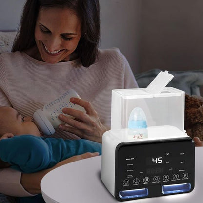 Maman- assise-sur-lit-tient bébé  près de chauffe biberon 