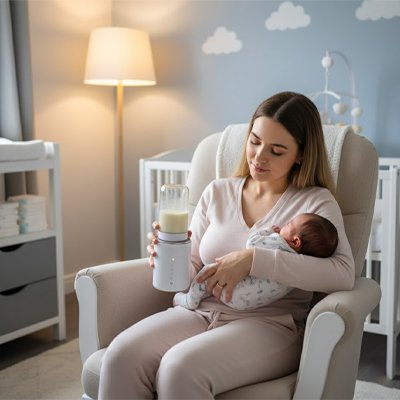 Maman assise tient chauffe biberon avec bébé dans ses bras