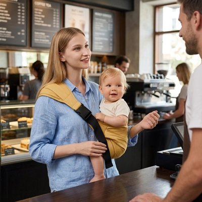 Maman au café tient bébé dans porte bebe rose