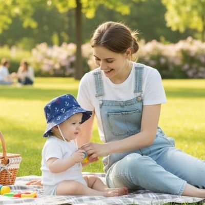 Maman au dehors avec bébé portant chapeau bebe bleu ancre