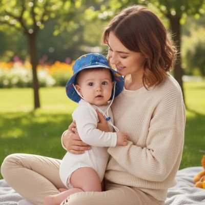 Maman au dehors avec bébé portant chapeau bebe bleu champêtre