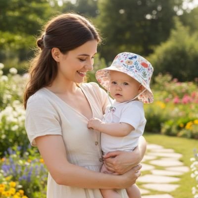 Maman au dehors avec bébé portant chapeau bebe fleuri champêtre