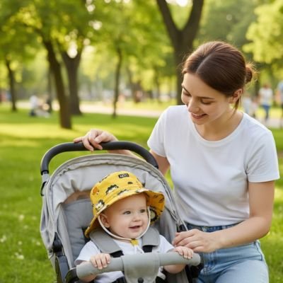 Maman au dehors avec bébé portant chapeau bebe jaune lion