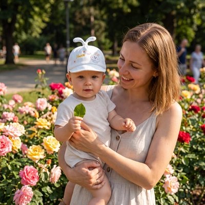 Maman au jardin botanique avec bébé portant casquette bebe bleu
