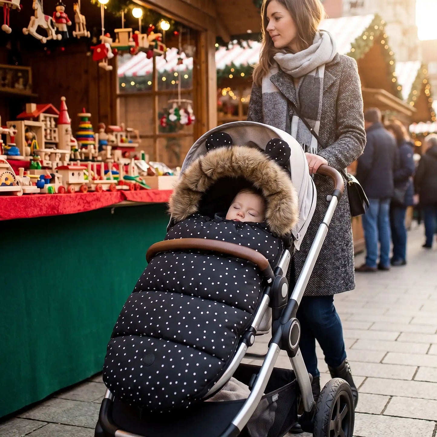Maman au marché avec bébé dans chancelière poussette gouttes pluie