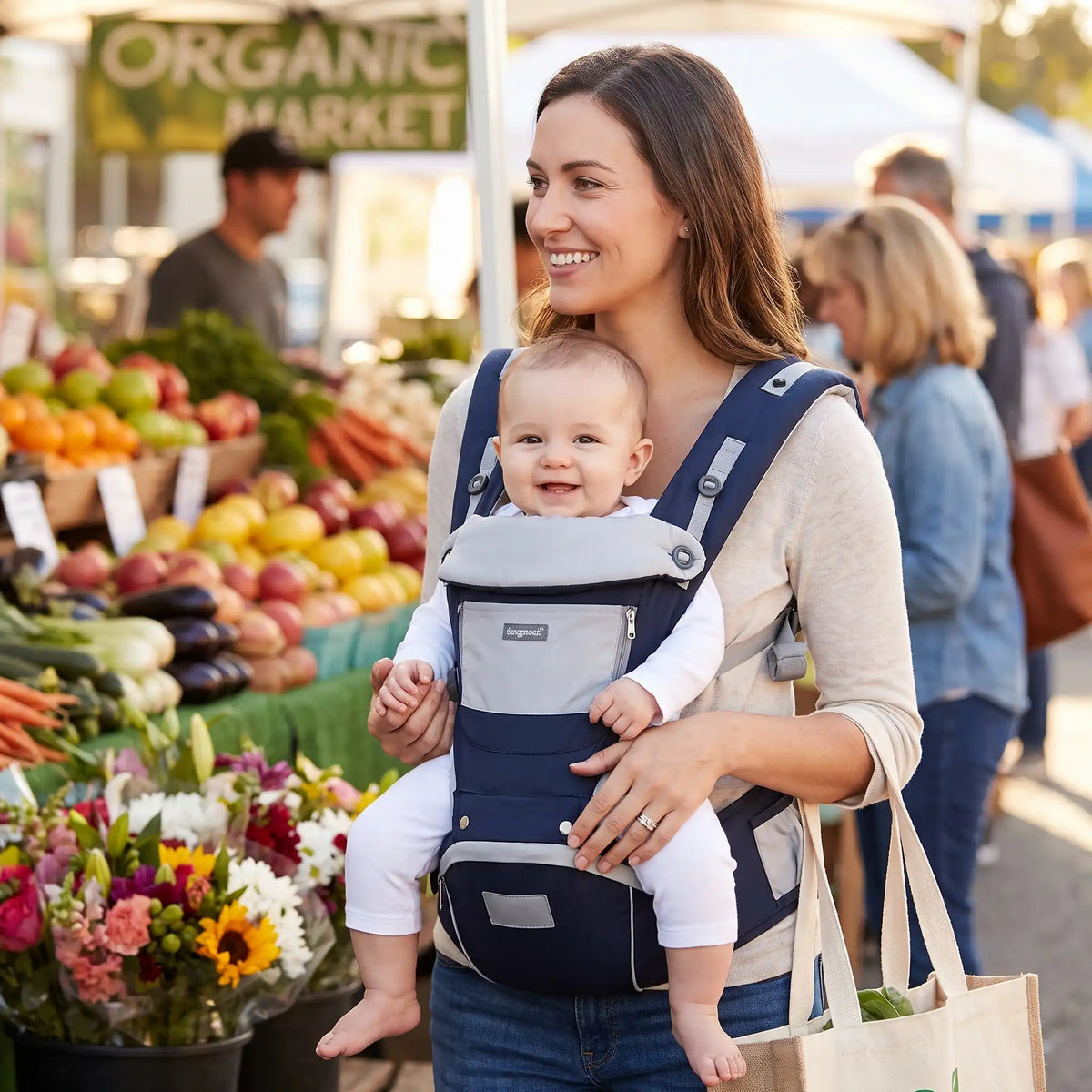 Maman au marché avec bébé dans porte bebe bleu