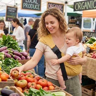 Maman au marché tient bébé dans porte bebe jaune