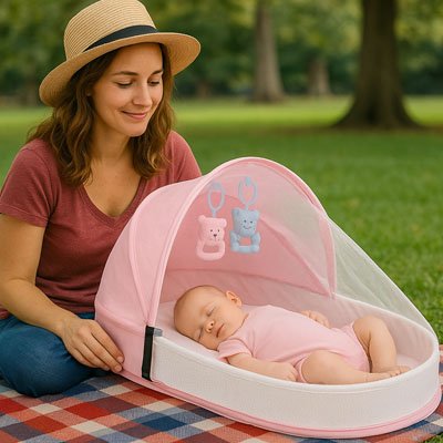 maman au parc avec bébé dans lit de-bébé voyage rose