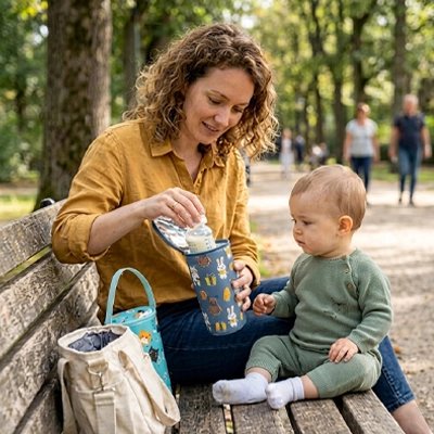 Maman au parc avec bébé ouvre porte biberon