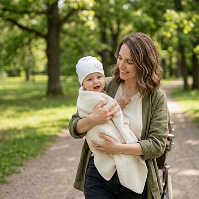 Maman au parc avec bébé portant bonnet bebe bleu