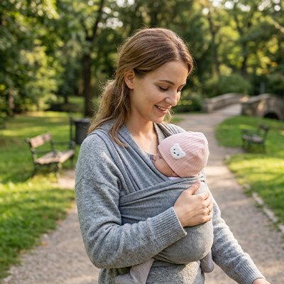 Maman au parc avec bébé portant bonnet bebe rose