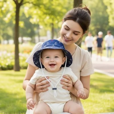 Maman au parc avec bébé portant chapeau bebe bleu ancre