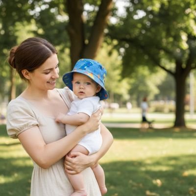 Maman au parc avec bébé portant chapeau bebe bleu champêtre
