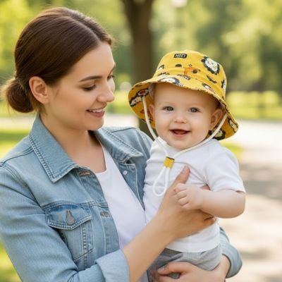 Maman au parc avec bébé portant chapeau bebe jaune lion