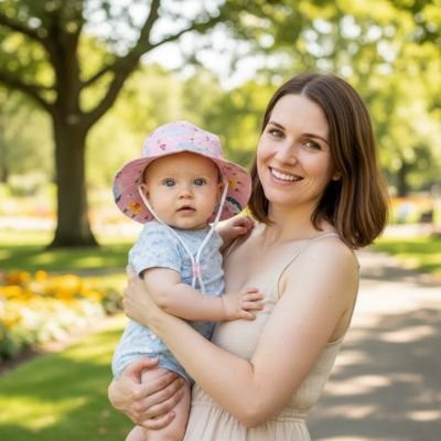 Maman au parc avec bébé portant chapeau bebe rose licorne