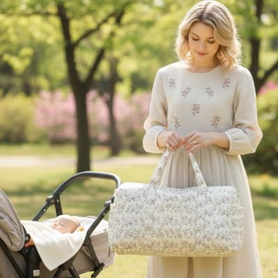 maman au parc avec bébé sac à langer en main