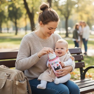 Maman au parc avec bébé tient porte biberon chat rose